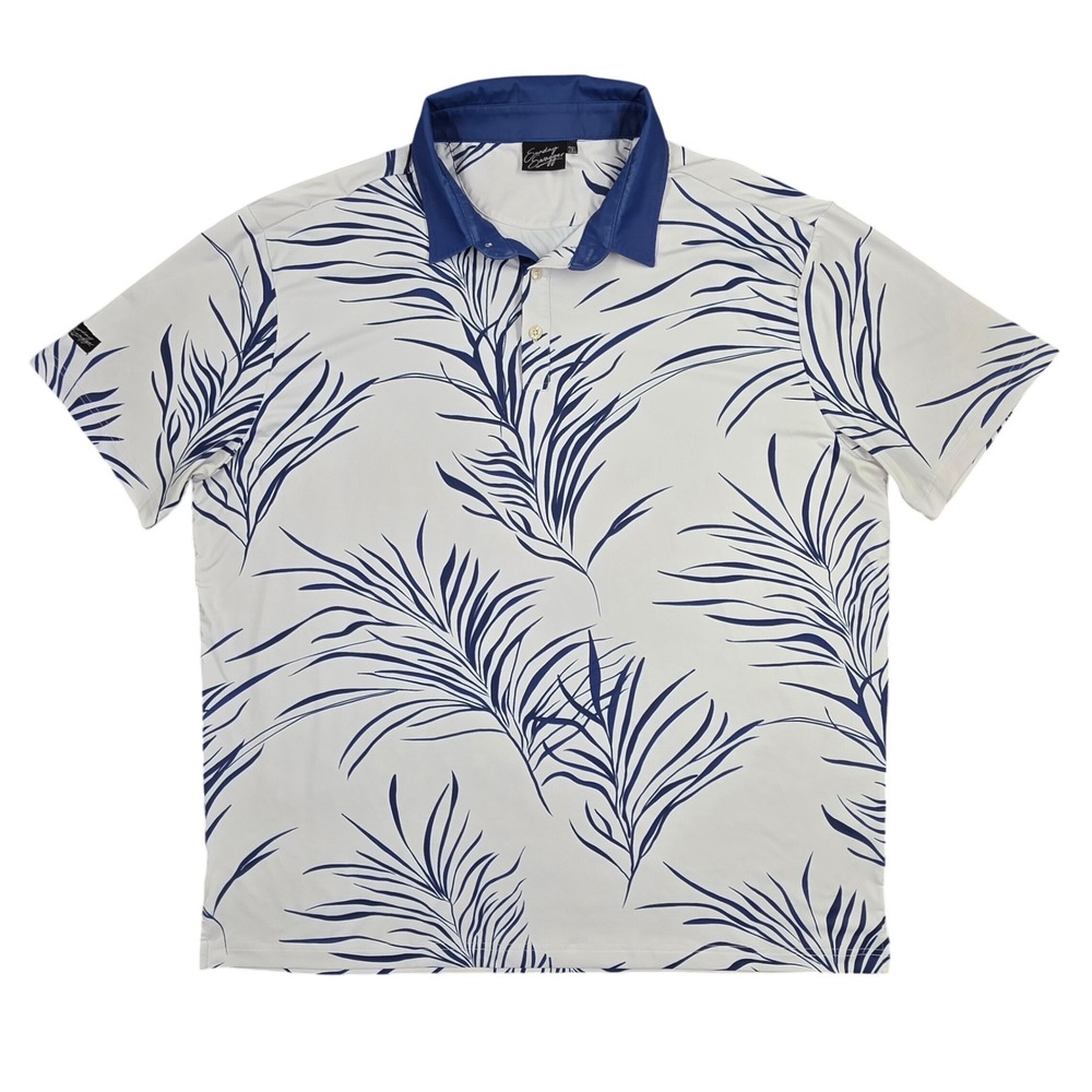 Sunday Swagger Mens 2XL Blue White Palm Frond Golf Performance Polo Shirt